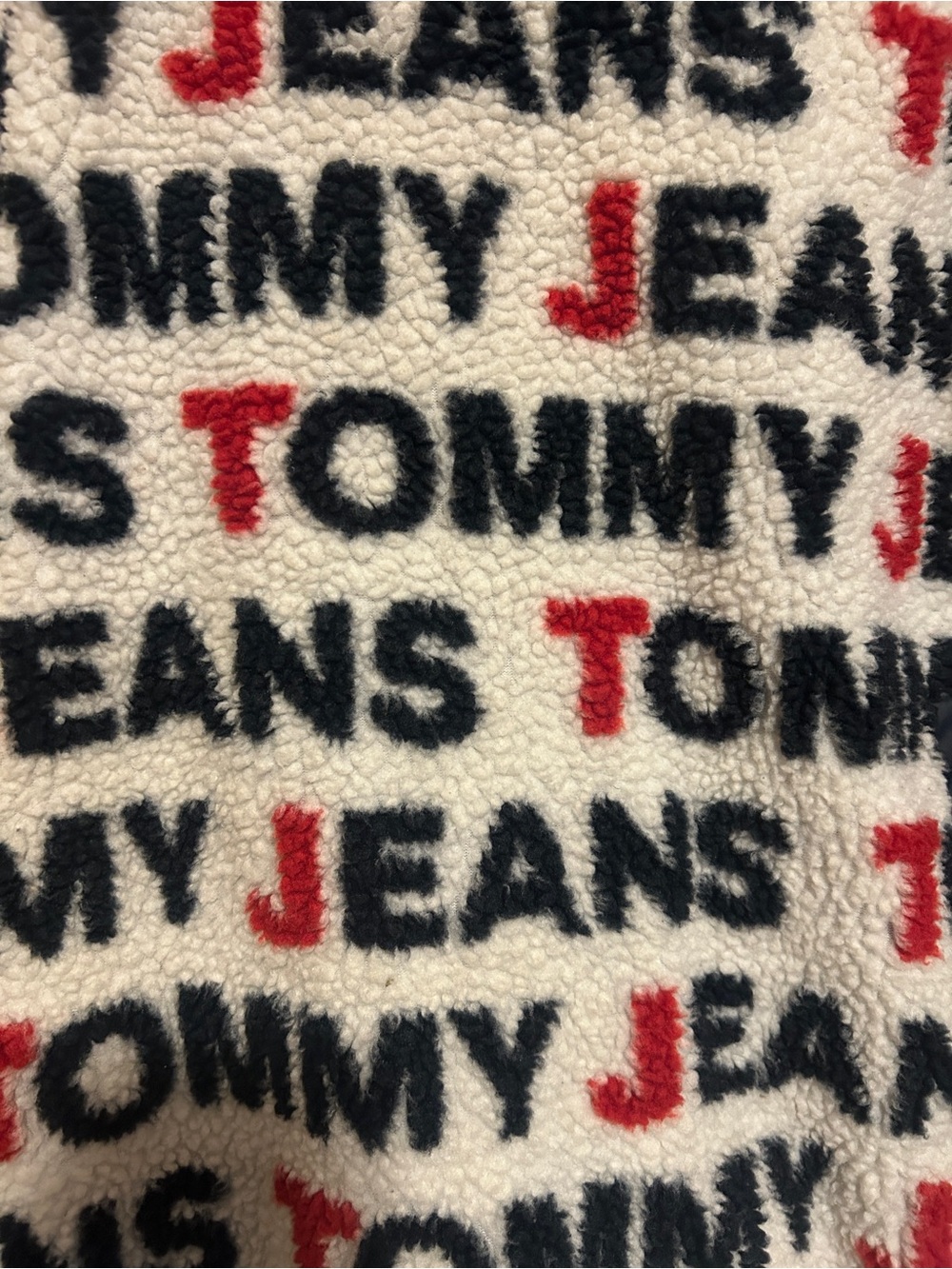 Tommy Hilfiger Off-White Sherpa Jacket with Black and Red Logo Print